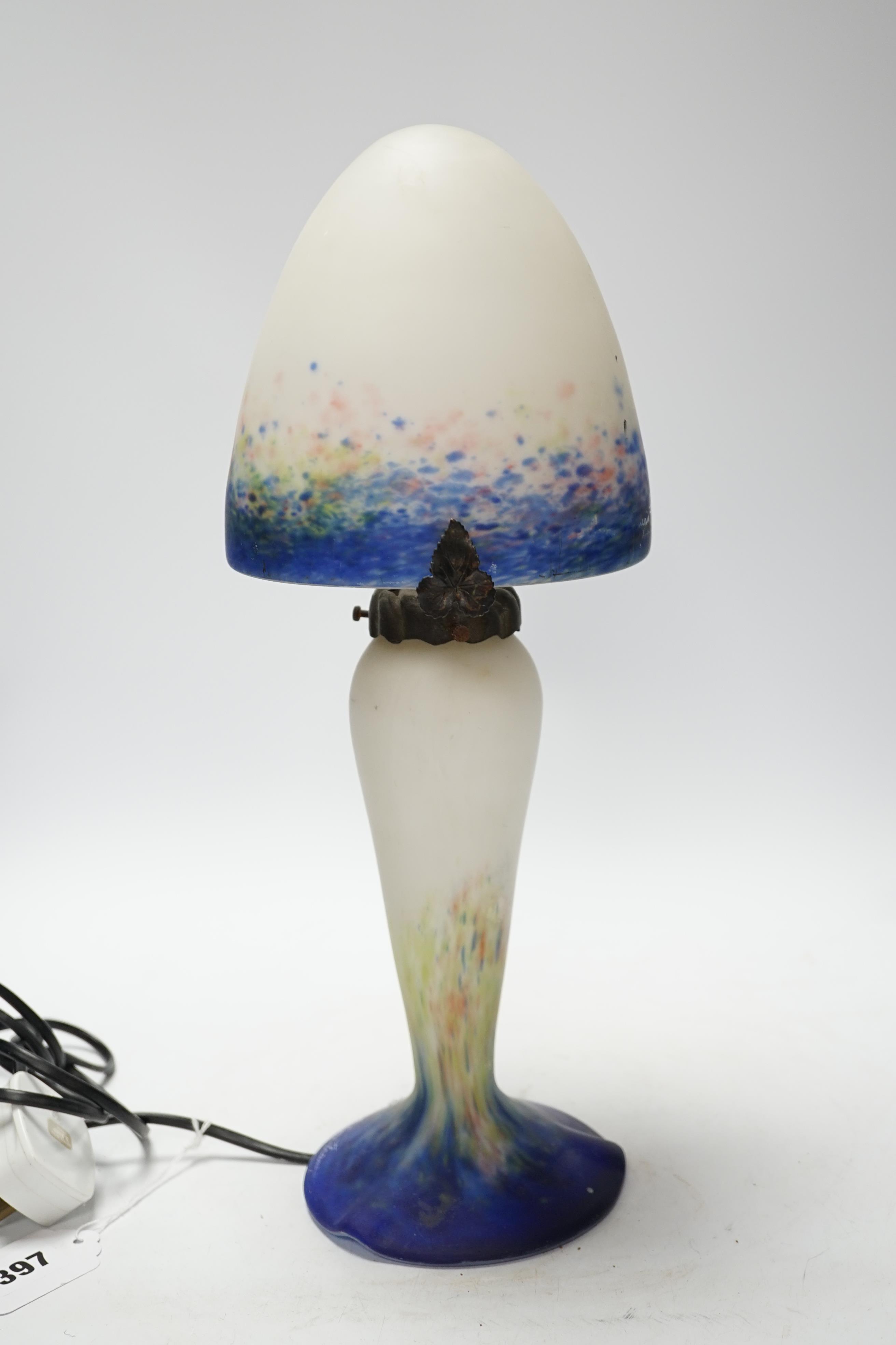 A Le Verre Francais glass mushroom table lamp, signed to the base, 39cm high